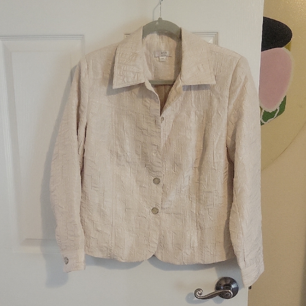 erin london 4 button up with sparkle creme color, collared jacket size PM